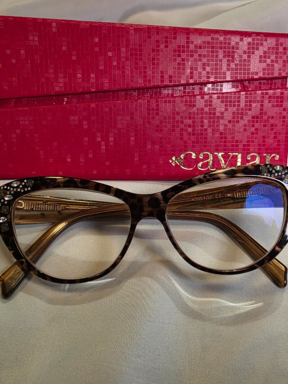 Caviar Eyeglass Frames Tortoise Rhinestone Cat Eye Made in Italy